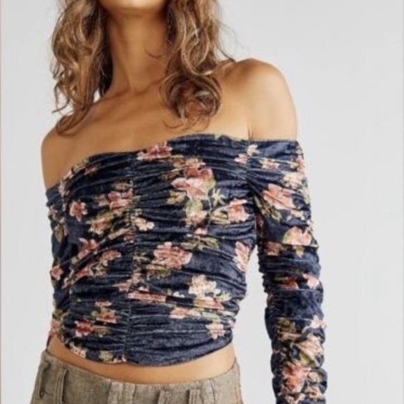 Free People Tops - FREE PEOPLE REINA FLORAL OFF SHOULDER VELVET TOP NAVY BLUE MEDIUM